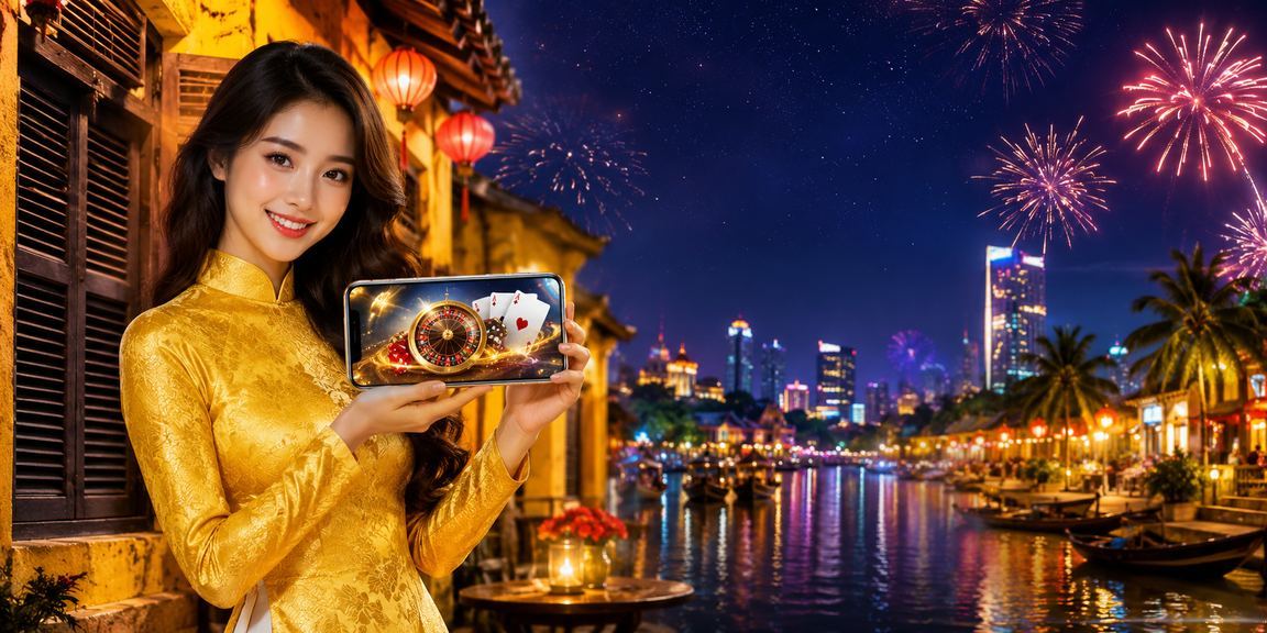 Người dùng tại Hội An mặc áo dài truy cập casino trên điện thoại di động